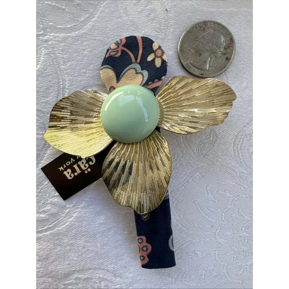 Cara NY Hair Barrette Pin Floral Gold Blue Enamel Cloth Steampunk NEW